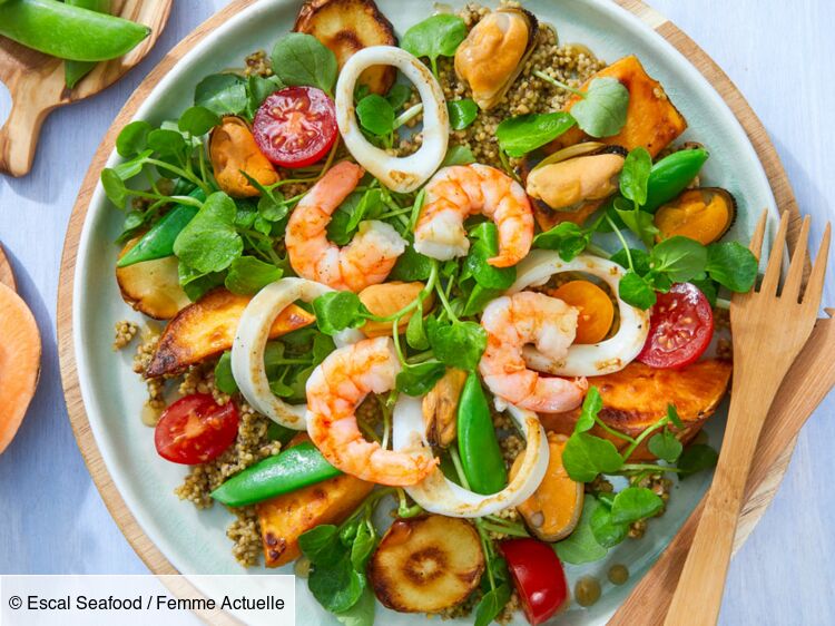 Salade de fruits de mer aux légumes rôtis et vinaigrette à la moutarde