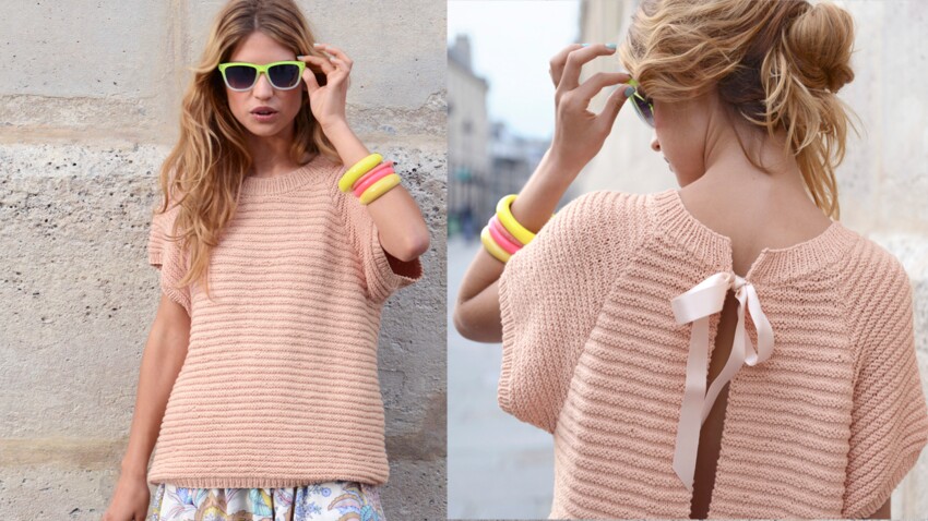 Un pull blouse rose poudré à tricoter