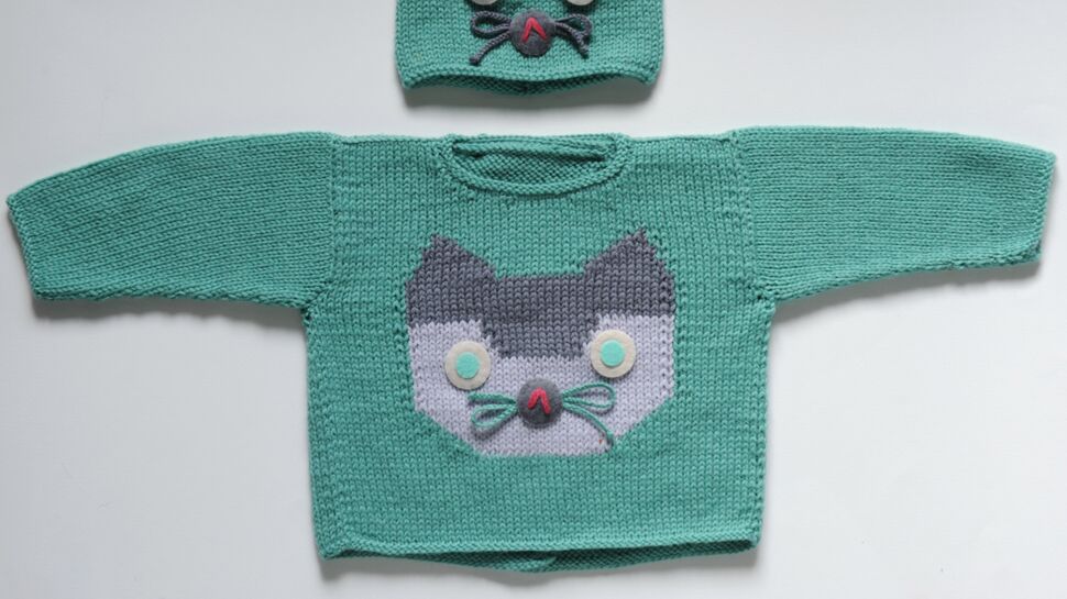 Un pull chat à tricoter pour bébé