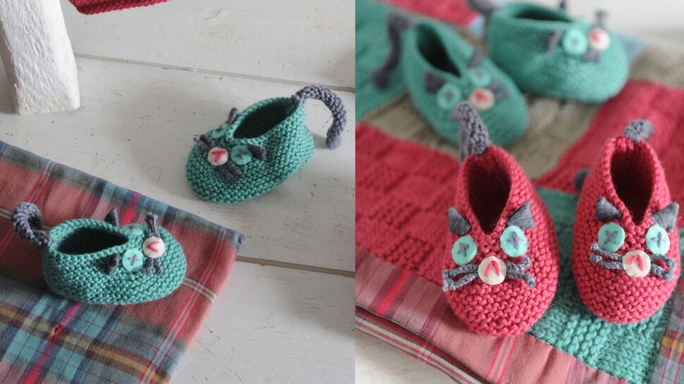 Des chaussons chat à tricoter pour bébé