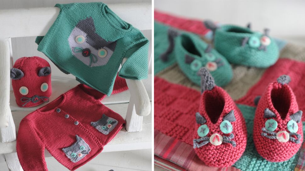 Des tricots à motif chat pour bébé