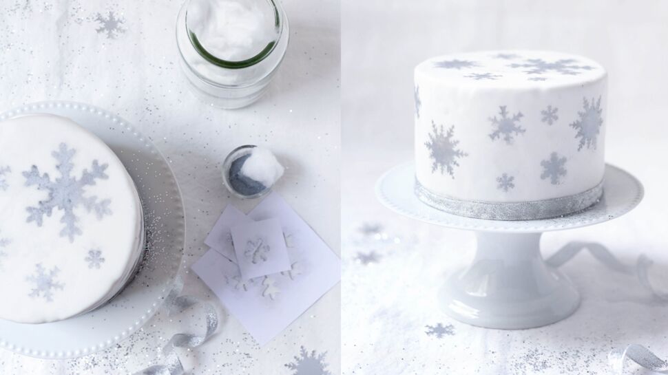Gâteau de Noël en pâte à sucre décoré de flocons argentés / Reine des Neiges