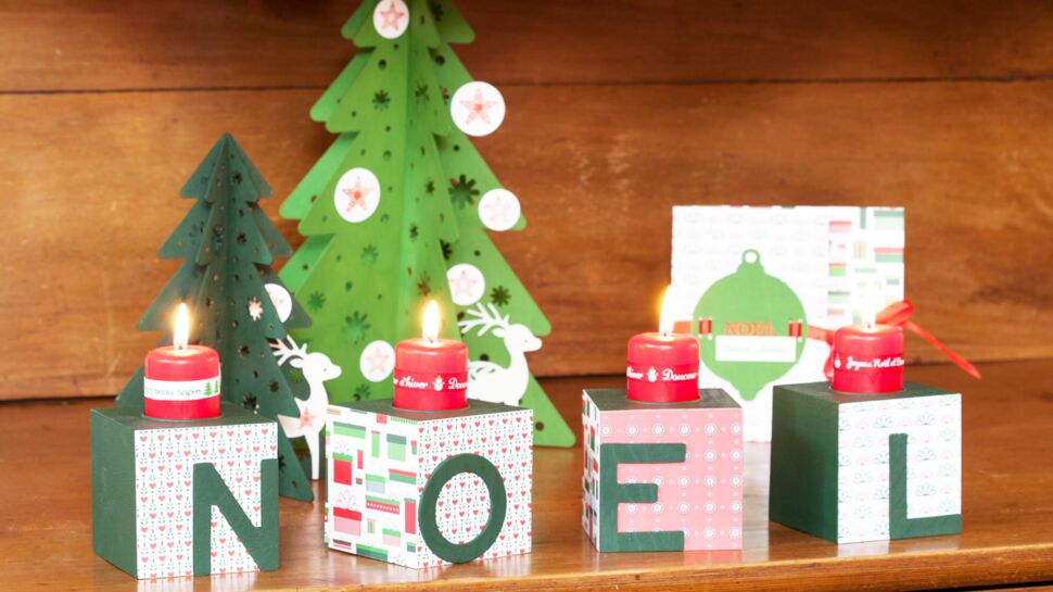 Déco de Noël : des cubes décorés en guise de bougeoirs