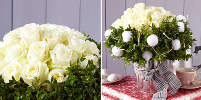 Art floral : un bouquet de roses blanches et buis pour Noël