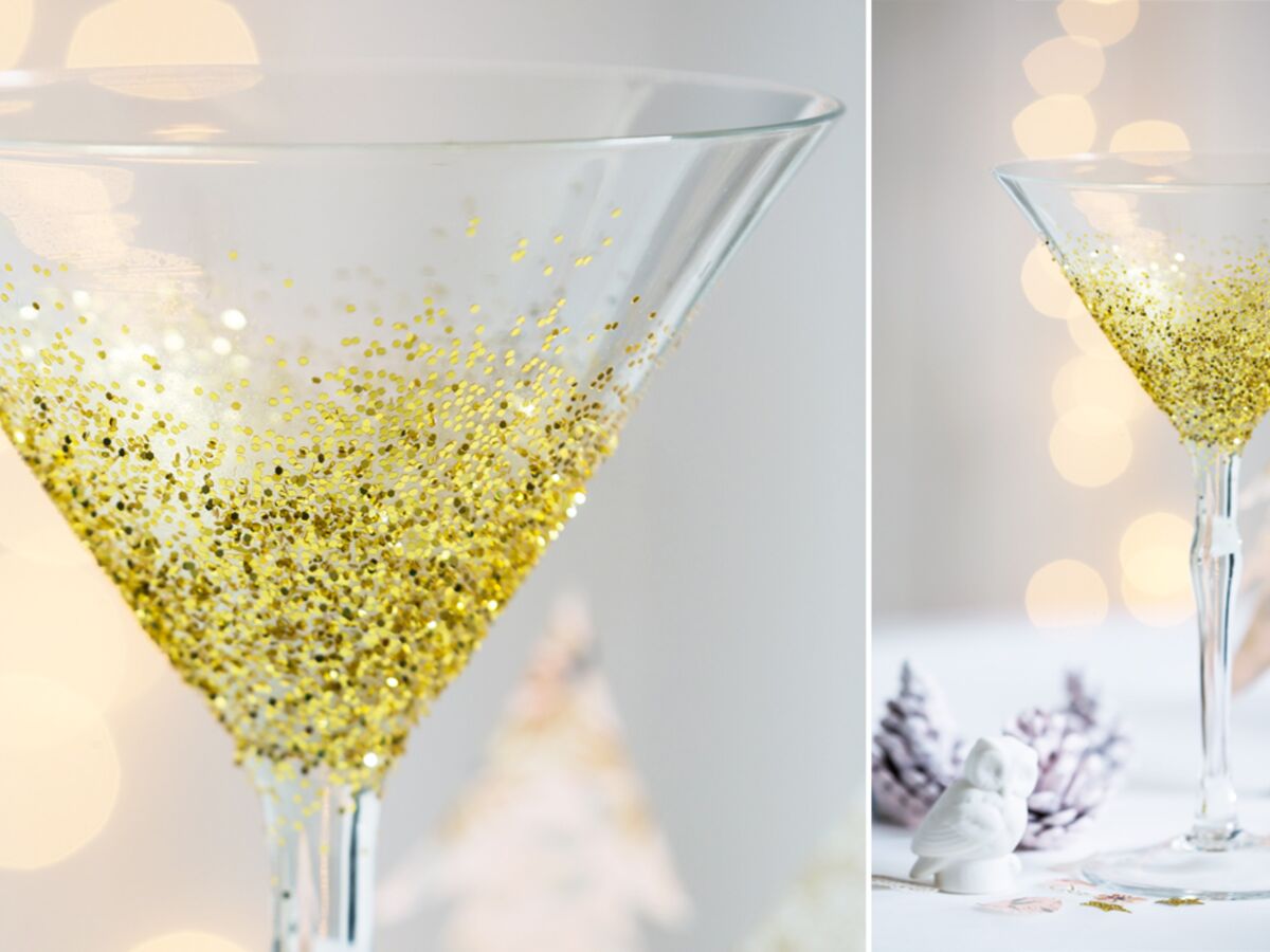 Verre à champagne cintre doré clair paillettes 15cm Nouvel  An et Noël-457519