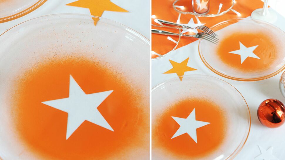 Vaisselle de Noël : des assiettes peintes au pochoir étoile