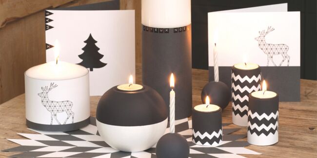 Décorations de Noël : bougies graphiques en noir et blanc