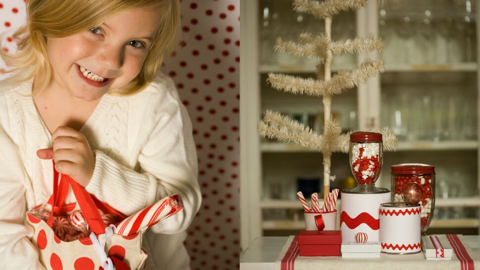 6 cadeaux gourmands en rouge et blanc avec des bonbons de Noël