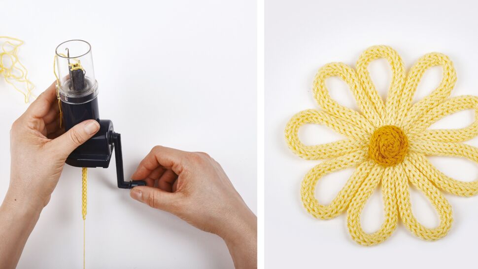 Une fleur jaune à réaliser en tricotin