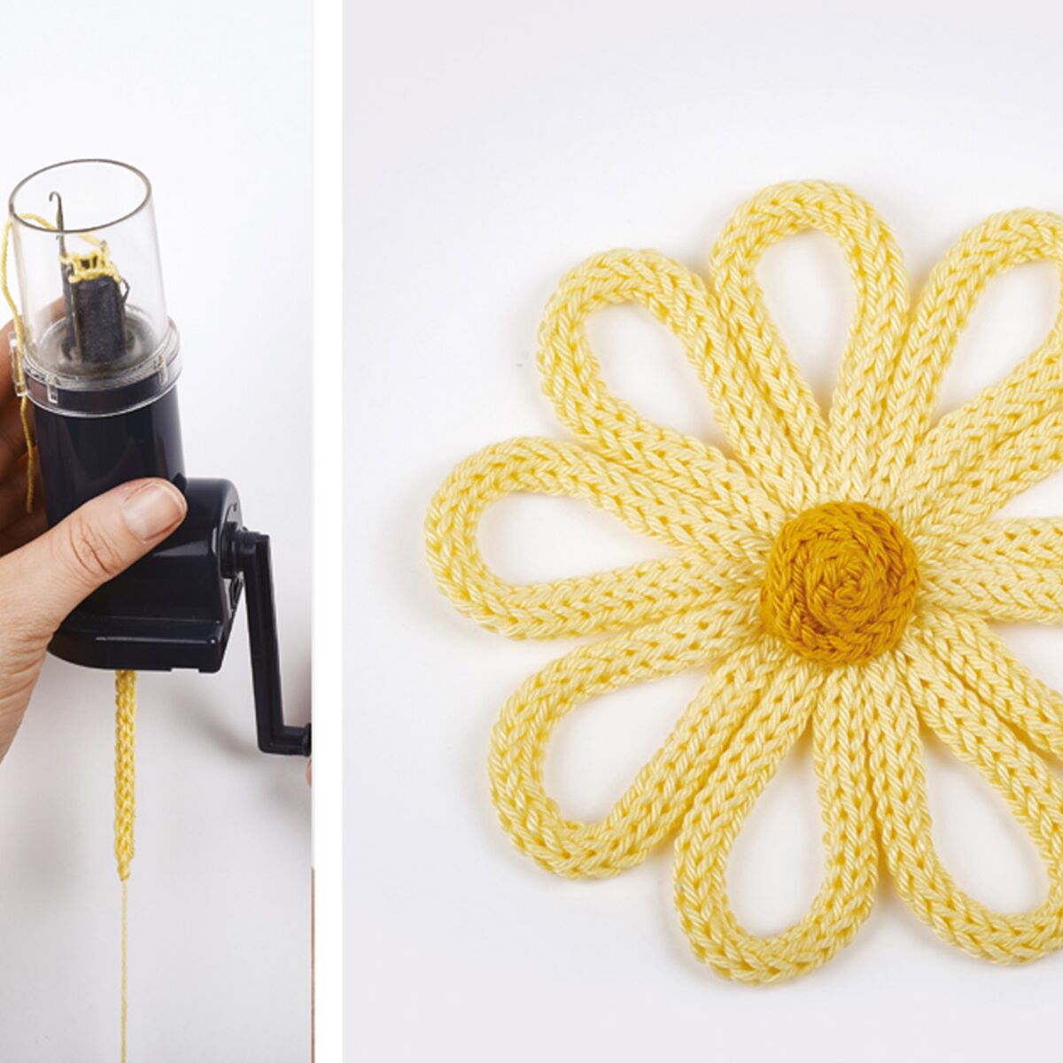 Une fleur jaune à réaliser en tricotin : Femme Actuelle Le MAG