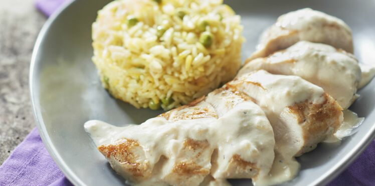 Riz à Poêler Basmati Au Safran Et Petits Pois Poulet Sauce Fromage Blanc