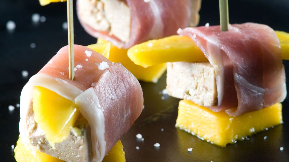 Douceurs de foie gras, mangue et jambon cru