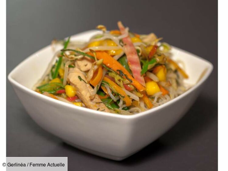 Wok de shirataki de konjac aux légumes et dinde marinée à la sauce soja,  wok minceur