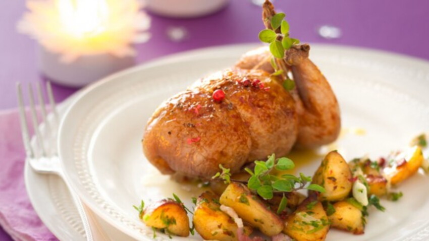 Cailles farcies au fois gras et pommes de terre rattes de Christian