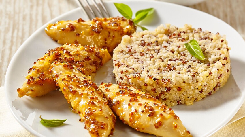 Aiguillettes De Poulet Au Miel Moutarde Et Quinoa Decouvrez Les Recettes De Cuisine De Femme Actuelle Le Mag