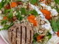 Salade de quinoa, abricots rôtis, roquette et thon 