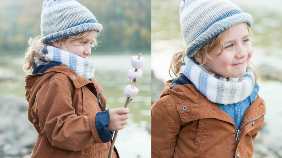 Tricot gratuit : le bonnet et son snood rayés pour enfant