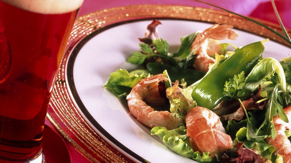 Salade aux langoustines et pois gourmands, vinaigrette à la bière de Noël