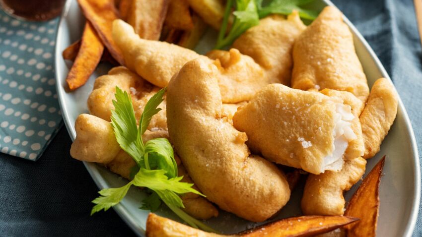 Fish and chips à la bière & frites de patates douces