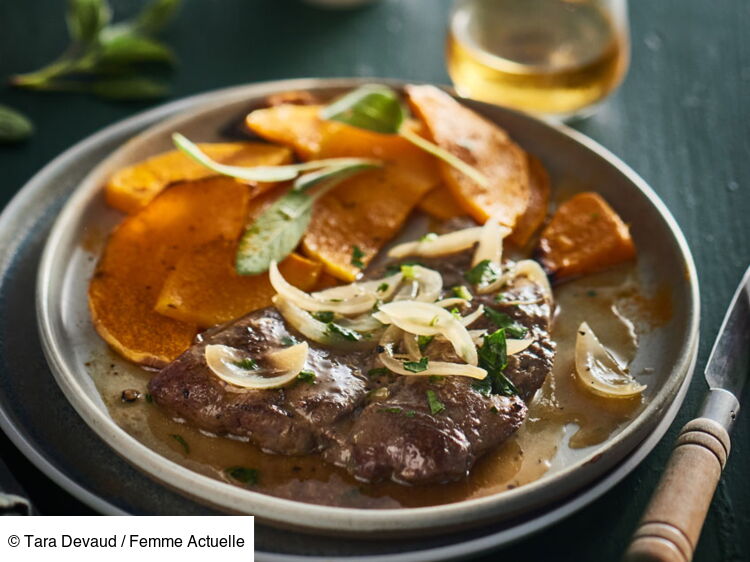 Foie de génisse aux oignons et au cidre fermier, butternut rôtie facile