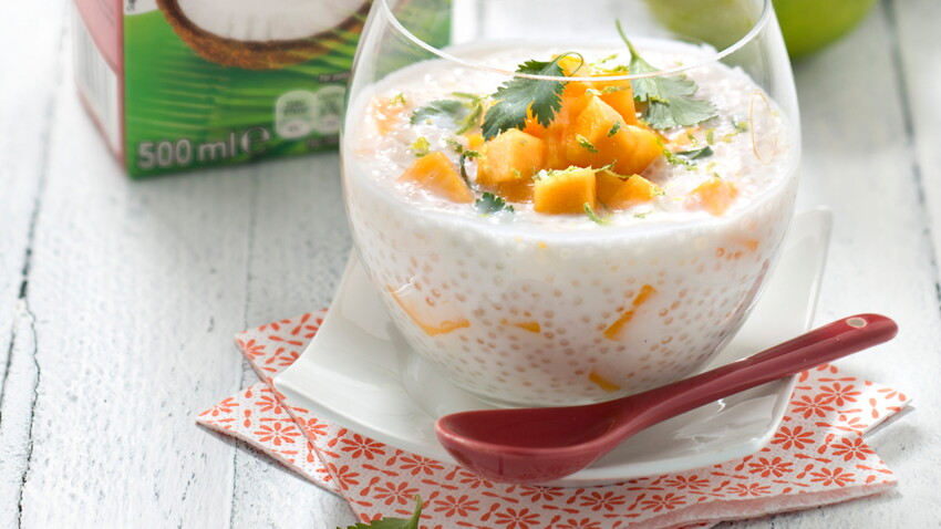 Perles du Japon au lait de coco, mangue, citron vert et coriandre