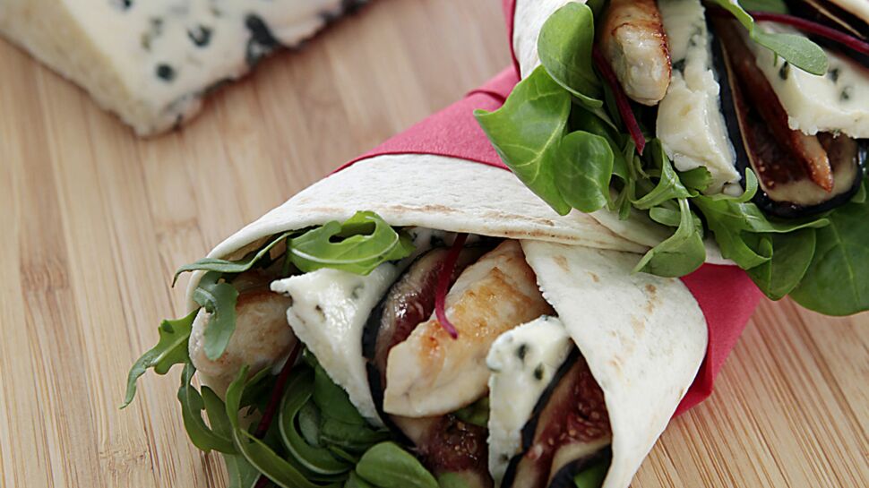 Wraps de poulet, figues et roquefort