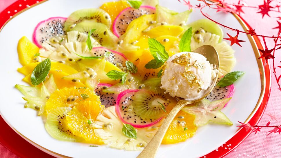 Carpaccio de fruits, glace au fromage frais