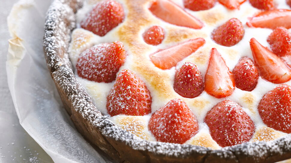 Tarte cacao aux fraises et sabayon au champagne