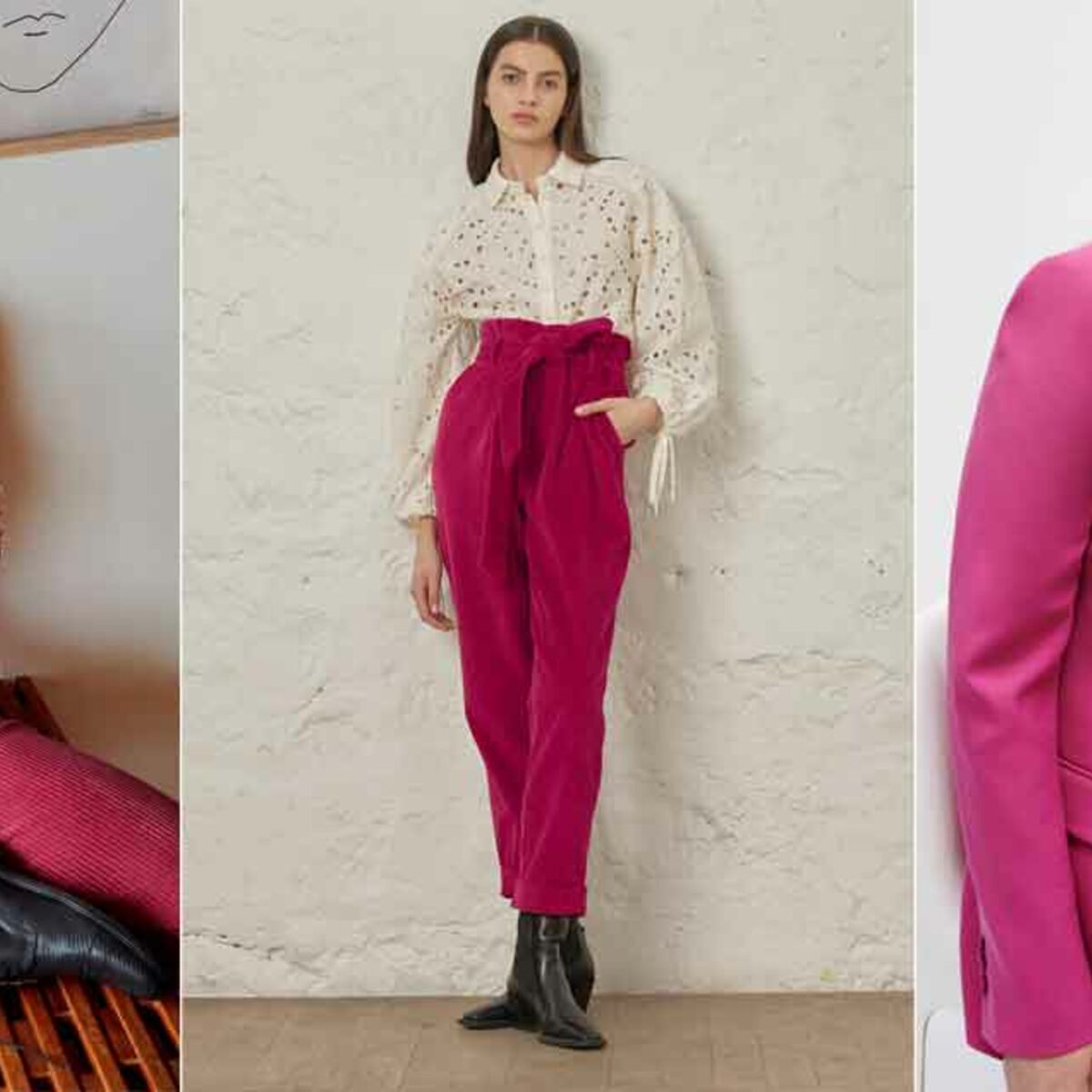 Comment porter le rose fuchsia ? - Elle  Tenue pantalons, Tenue pantalon  blanc, Gros pull rose