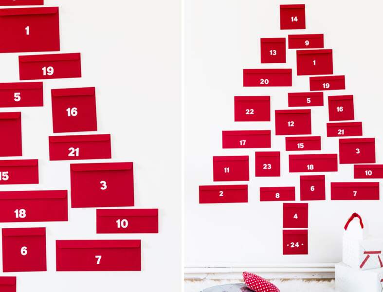 Une décoration de Noël tradi en rouge et blanc avec...Des enveloppes au mur en guise de calendrier de l'Avent