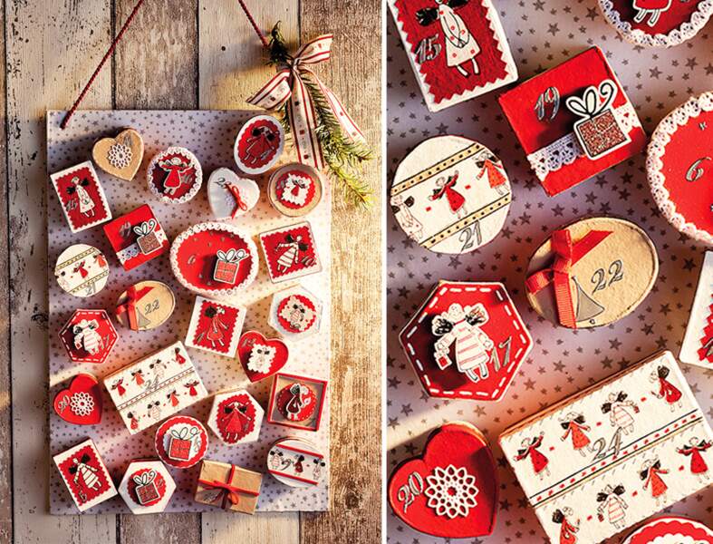 Une décoration de Noël tradi en rouge et blanc avec... Un calendrier de l'Avent tout en boîtes
