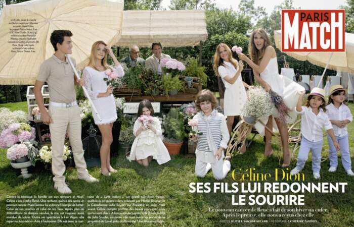 Céline Dion en couverture de Paris Match avec ses enfants en août 2014