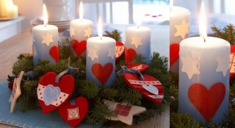 Des bougies décorées avec des coeurs 