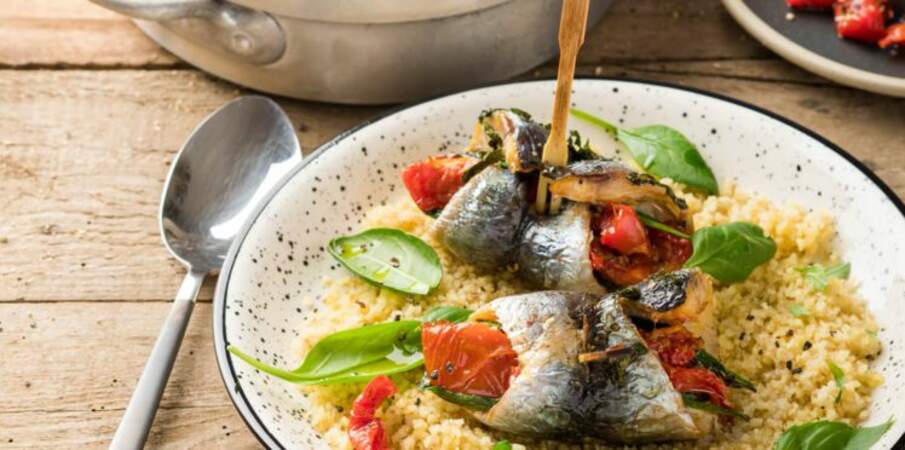 Filets de sardines farcis aux tomates confites, basilic et épinard