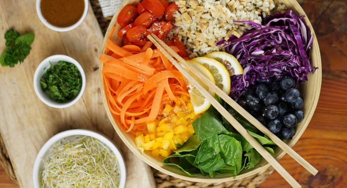 Le rainbow bowl, riz, tempeh et légumes