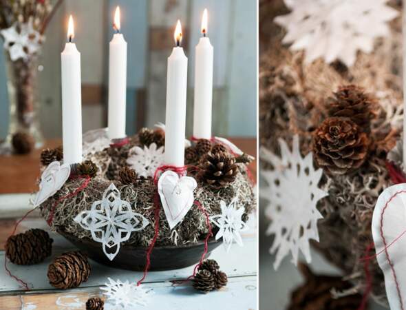 Pour Noël, un intérieur nature vintage avec... une couronne décorée de papiers