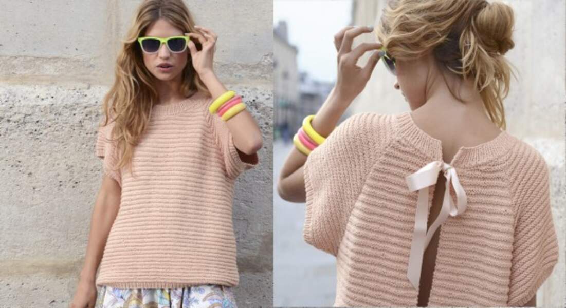 Un pull blouse rose poudré à tricoter 