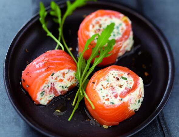Spirales de saumon et crabe aux carottes fondantes