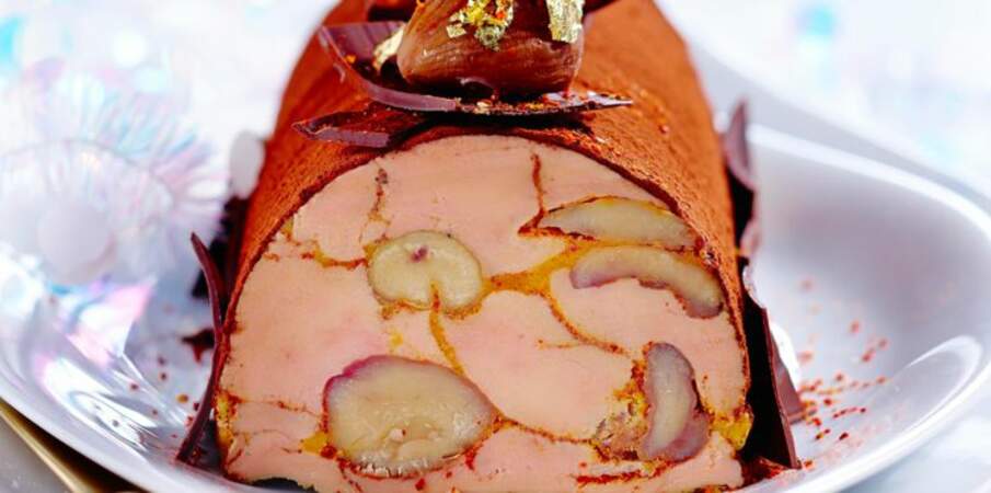 Bûche de foie gras aux marrons et au cacao