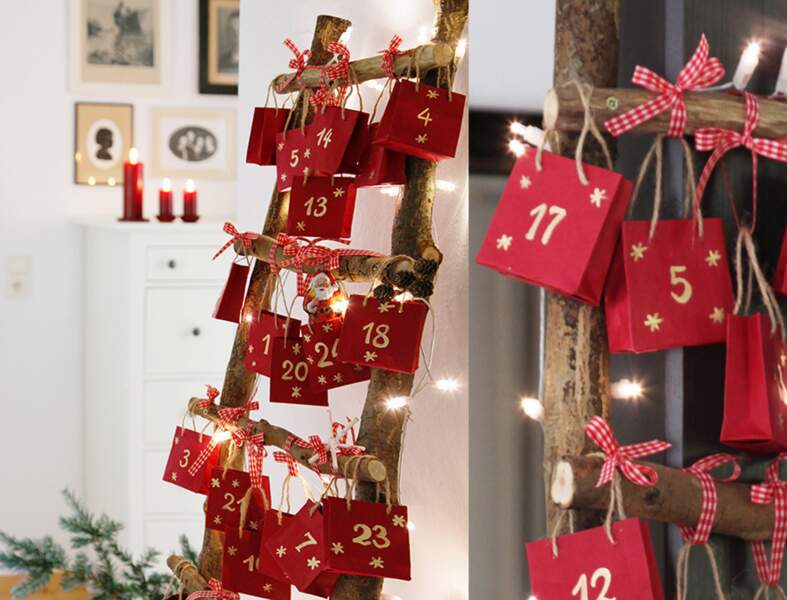 Une décoration de Noël tradi en rouge et blanc avec... Un calendrier de l'Avent sur une étagère