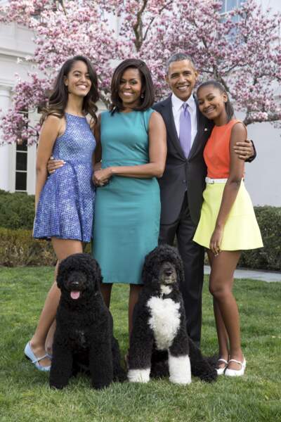 La famille Obama avec les 2 chiens, Bo et Sunny en 2015