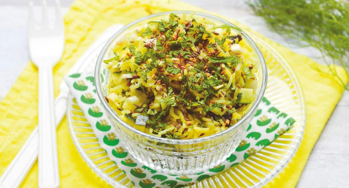 Salade de riz vegan au safran et légumes marinés