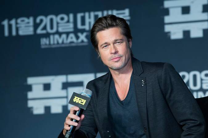 Brad Pitt à la conférence de presse du film "Fury" à Séoul en 2014.