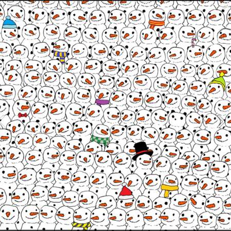 Saurez-vous retrouver le panda caché parmi les bonhommes de neige?