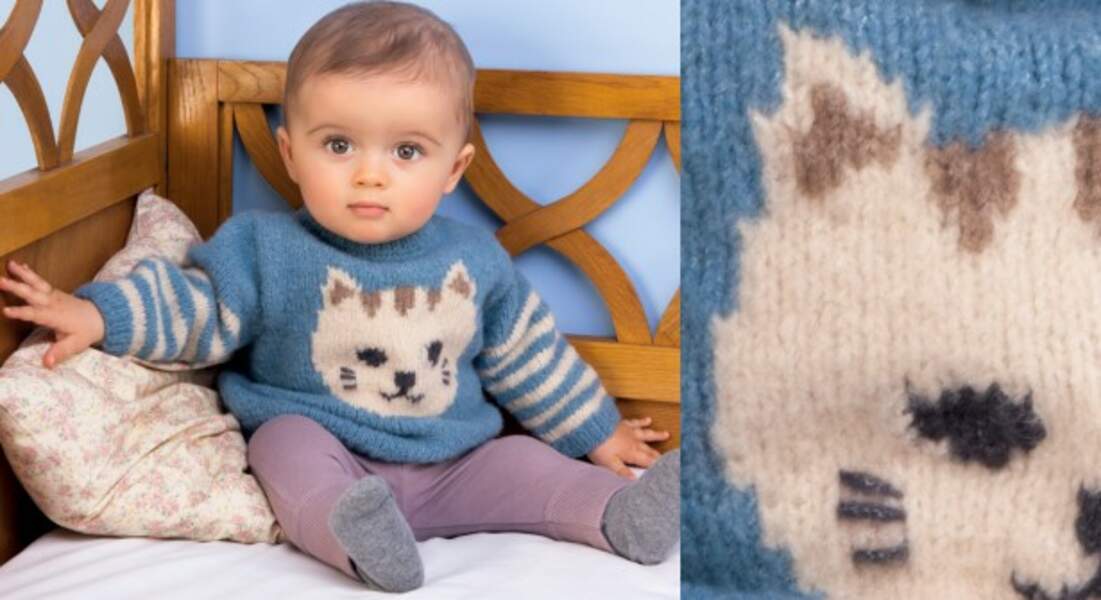 Le pull layette rayures et chat
