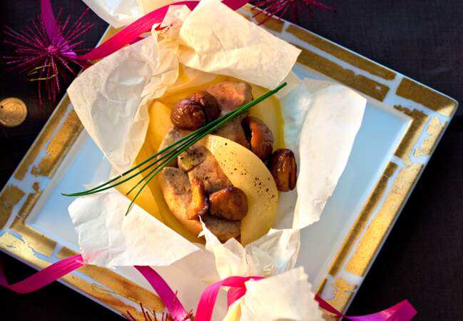 Les papillotes de foie gras aux pommes et aux marrons