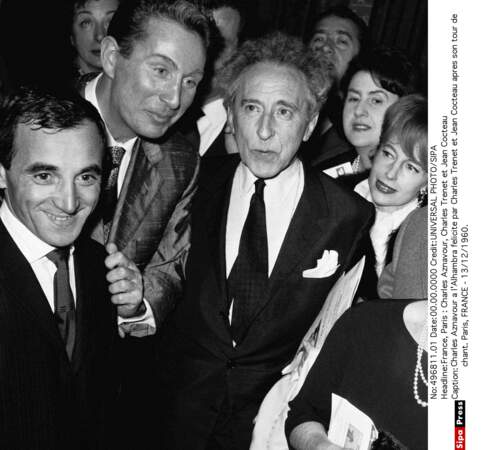 ...Charles Aznavour avec Charles Trenet et Jean Cocteau en 1960 à l'Alhambra.