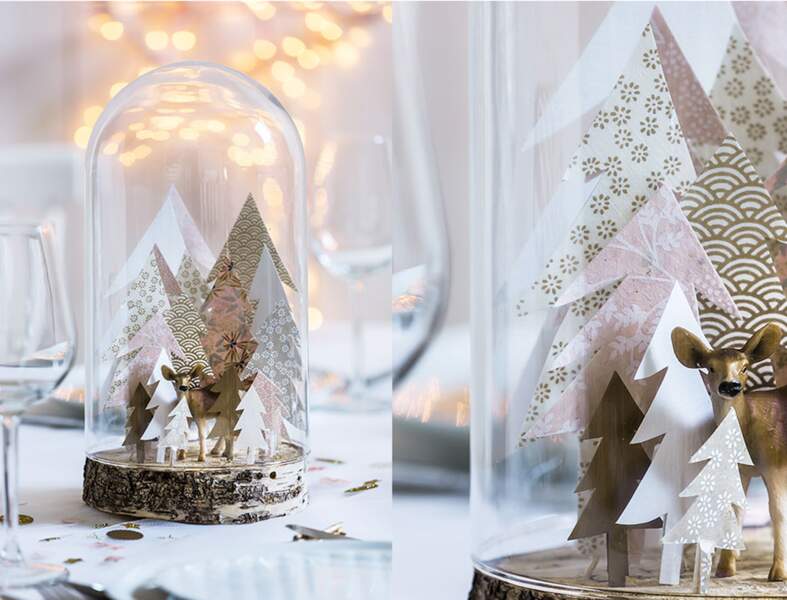Une décoration de Noël géometrique chic avec... des sapins en papier sous cloche