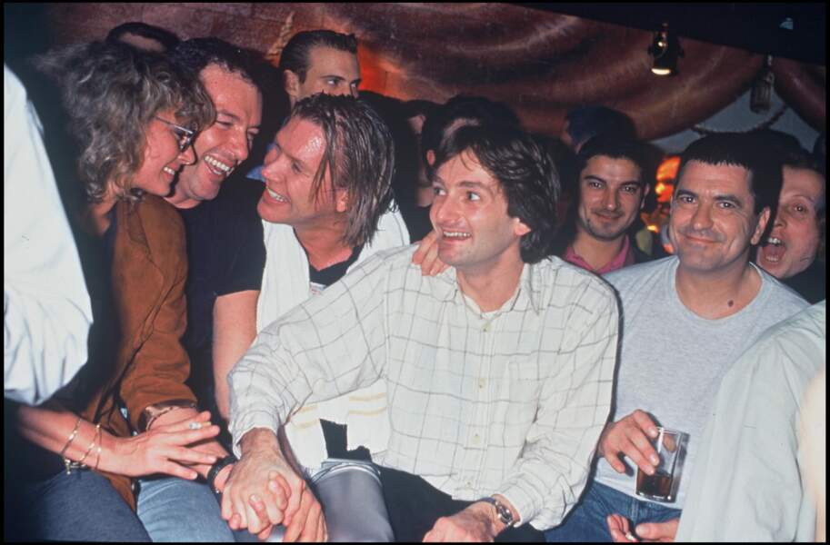 Véronique Sanson, Pierre Palmade, Patrick Juvet et Jean-Marie Bigard lors d'une soirée au Queen le 17 janvier 1995.