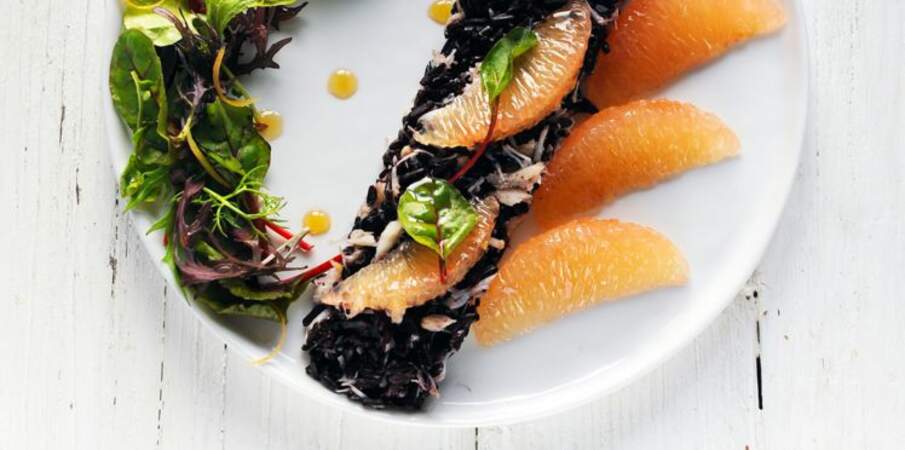 Salade de crabe et riz noir au pamplemousse de floride